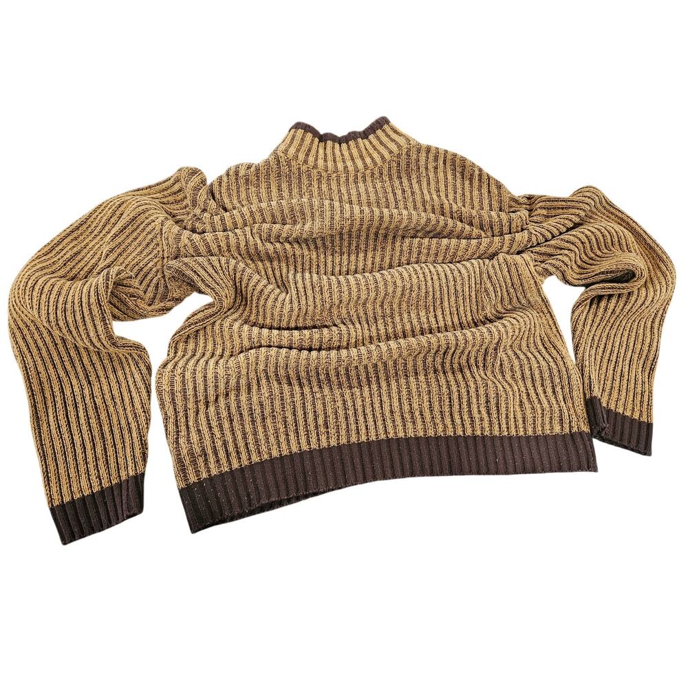 Vintage 90s Barcode Sweater Mens 2XL Brown Tan Chenille Ribbed Knit